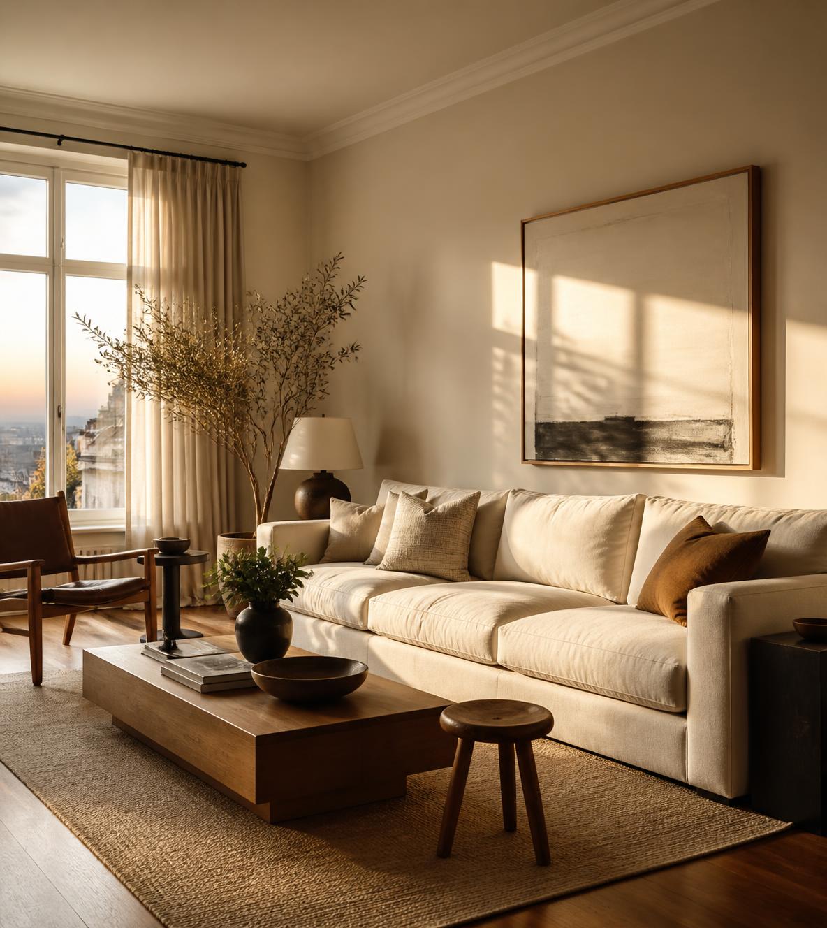 Warm interior with layered textures and considered furniture placement