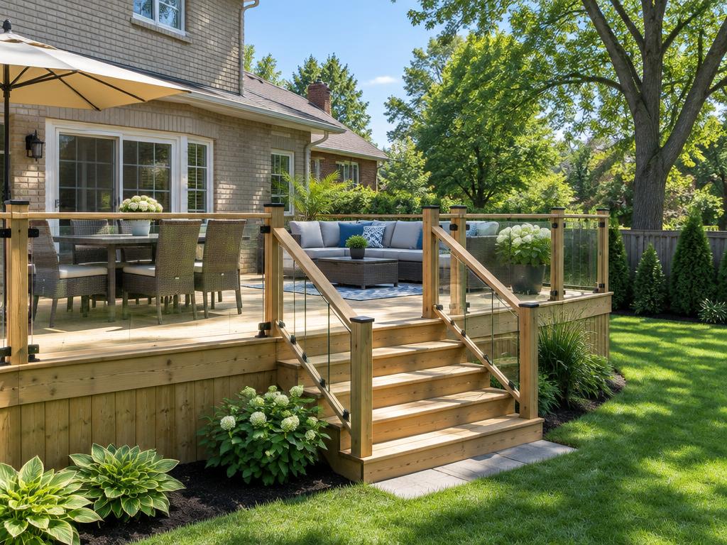Finished wooden backyard deck with glass railings and stairs in Ontario
